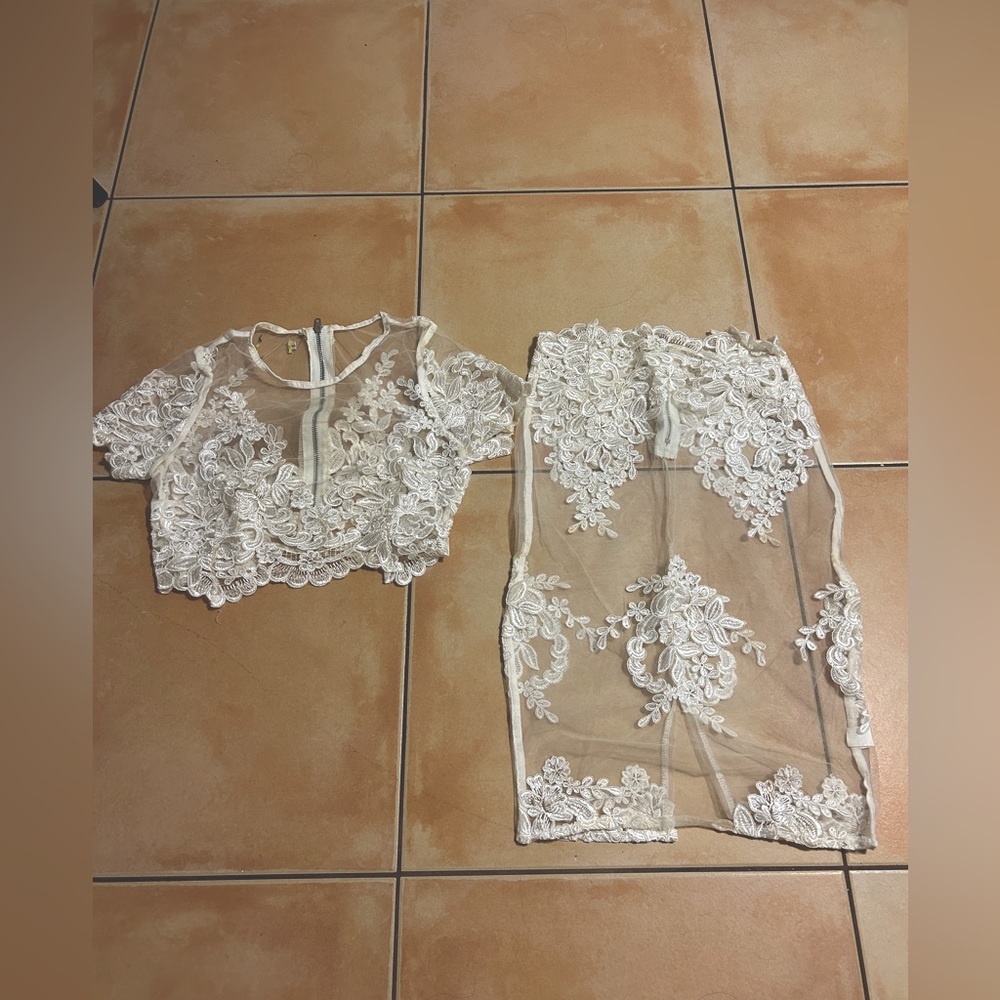 Boutique white lace skirt and top set